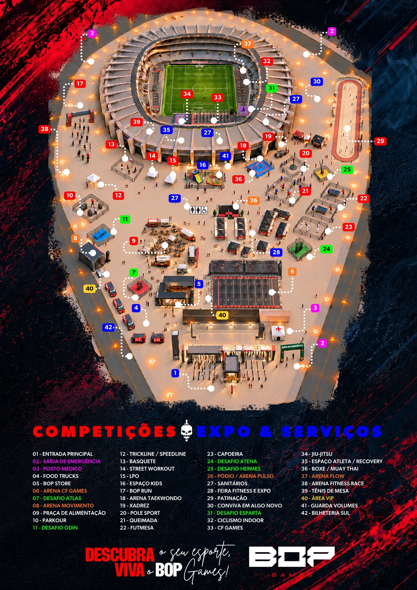 Mapa do BOP Games Belo Horizonte. Os desafios estão nos pontos 7, 11, 24, 25 e 31.